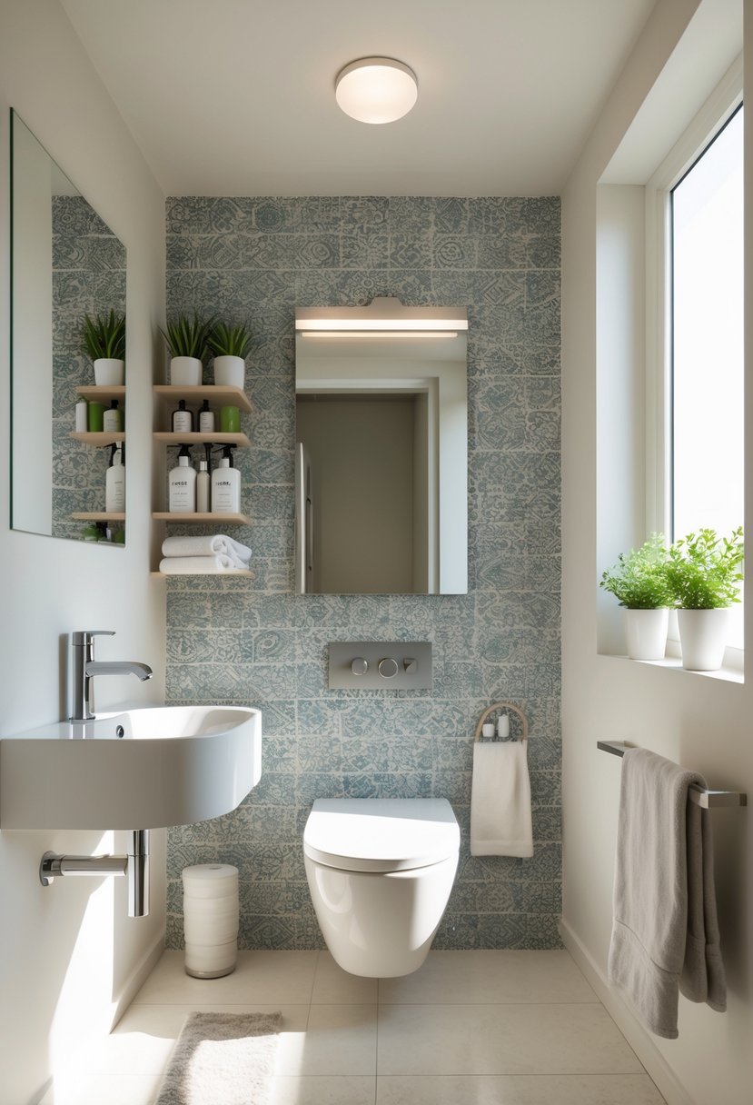 A small bathroom with a stylish accent wall, a white sink, mirror, shelves with toiletries and plants, and natural light coming through a window.