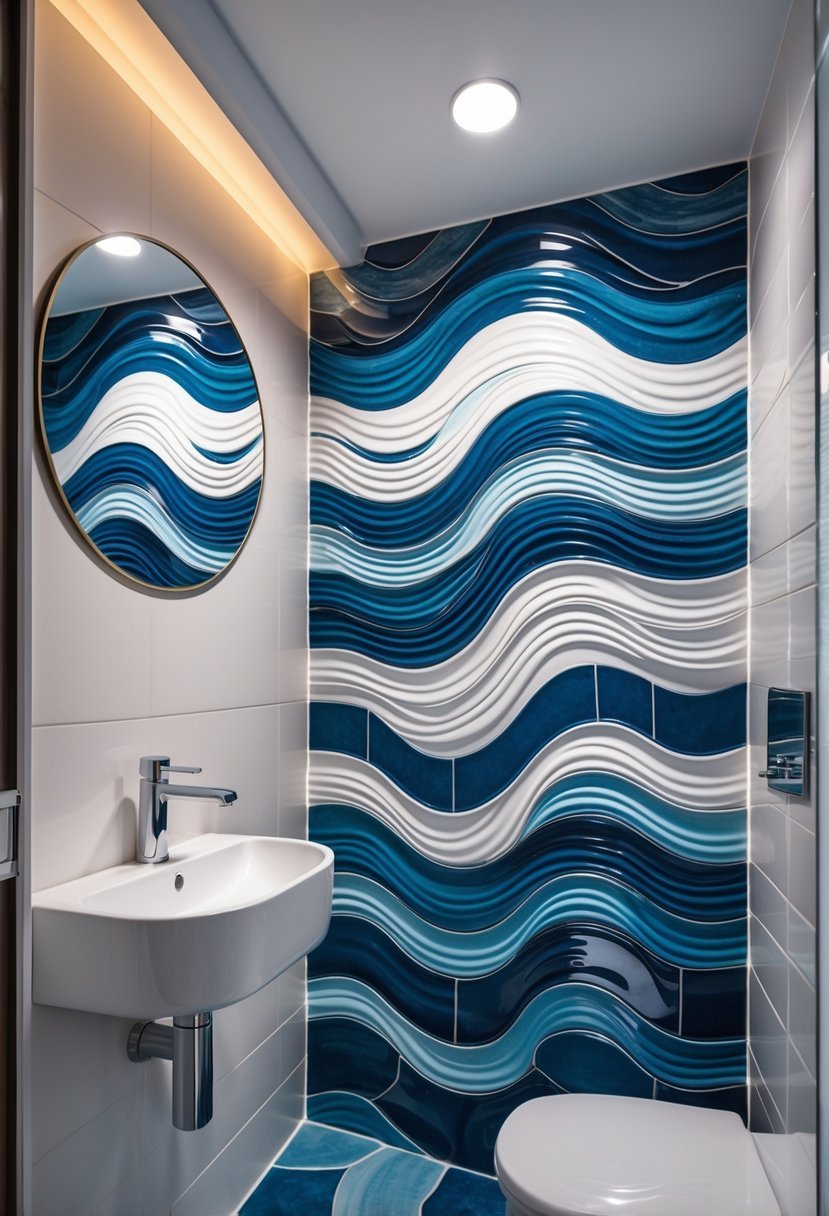 Small bathroom with a wave-patterned tile accent wall, a white sink, and a round mirror.