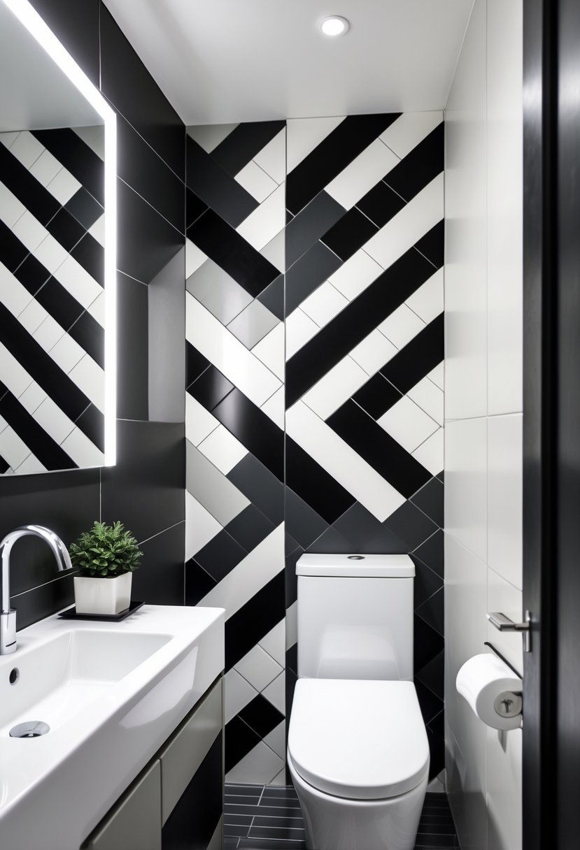 Small bathroom with a bold geometric patterned tile accent wall, a sink, mirror, and a small plant.