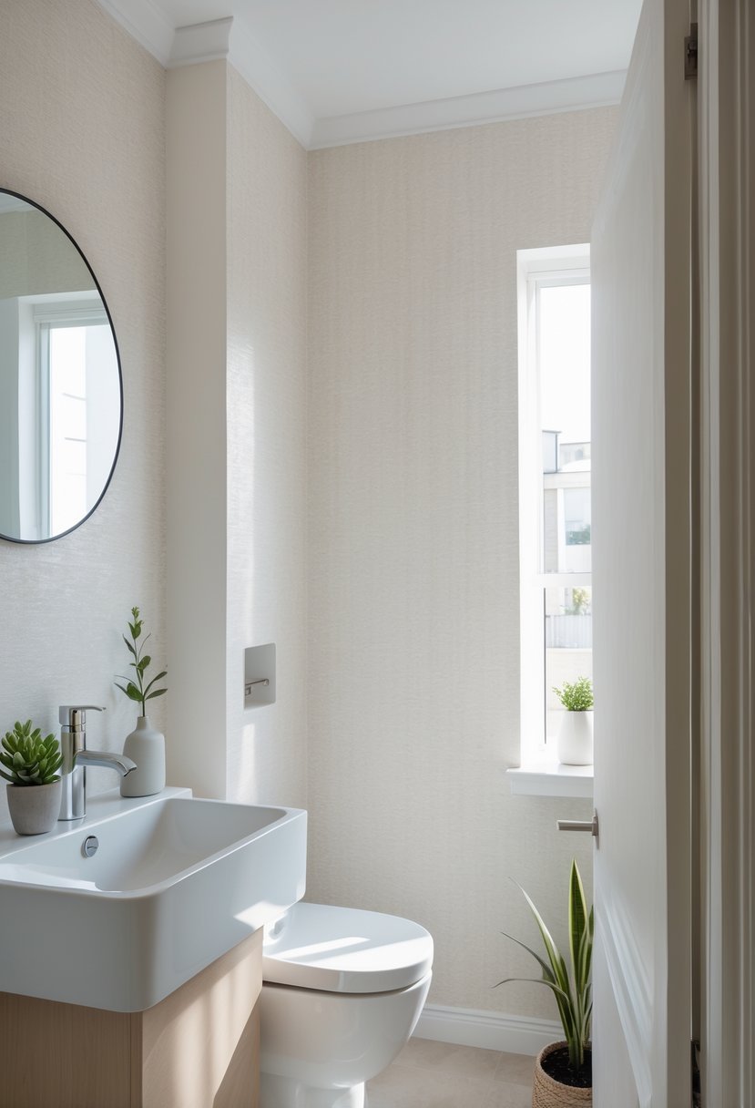 Small bathroom with a white sink and a patterned accent wall covered in moisture-resistant vinyl wallpaper.