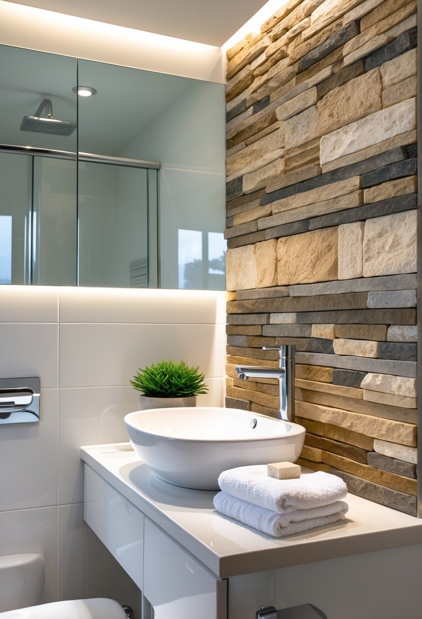 Small bathroom with a natural stone accent strip on the wall above a white sink and countertop with a potted plant and towels.