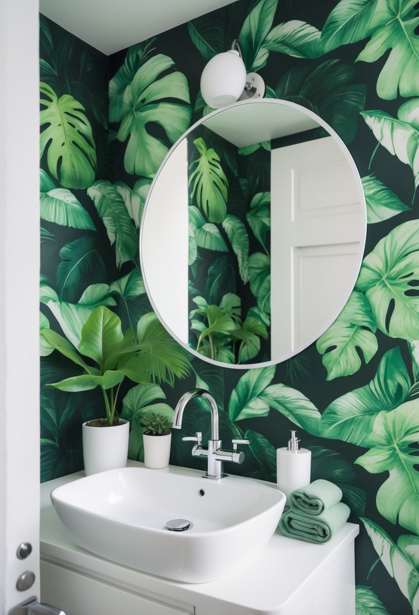 Small bathroom with a tropical leaf accent wall, white sink, round mirror, and minimal decor.