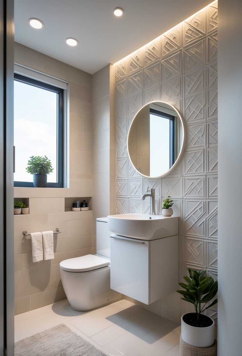 Small bathroom with a textured 3D accent wall, a white vanity, round mirror, and natural light.
