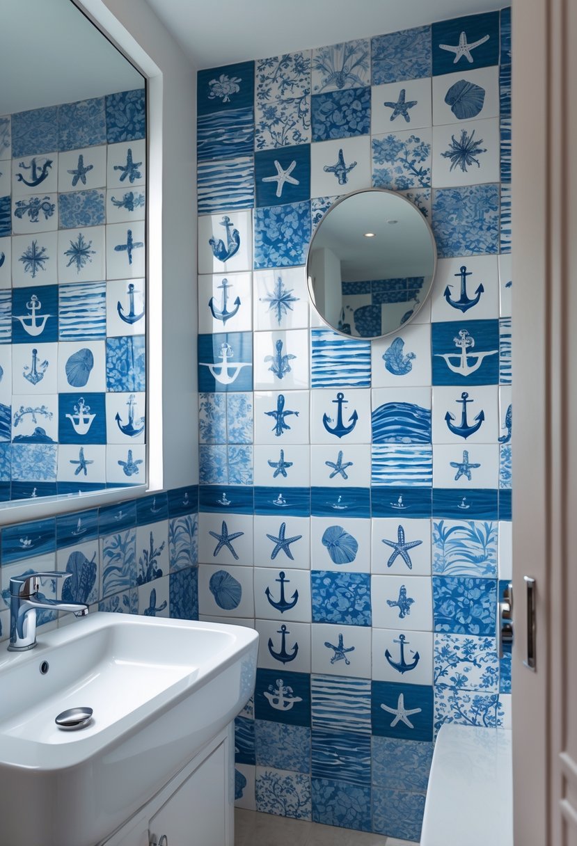Small bathroom with a blue and white nautical-themed tiled accent wall, a white sink, and a frameless mirror.