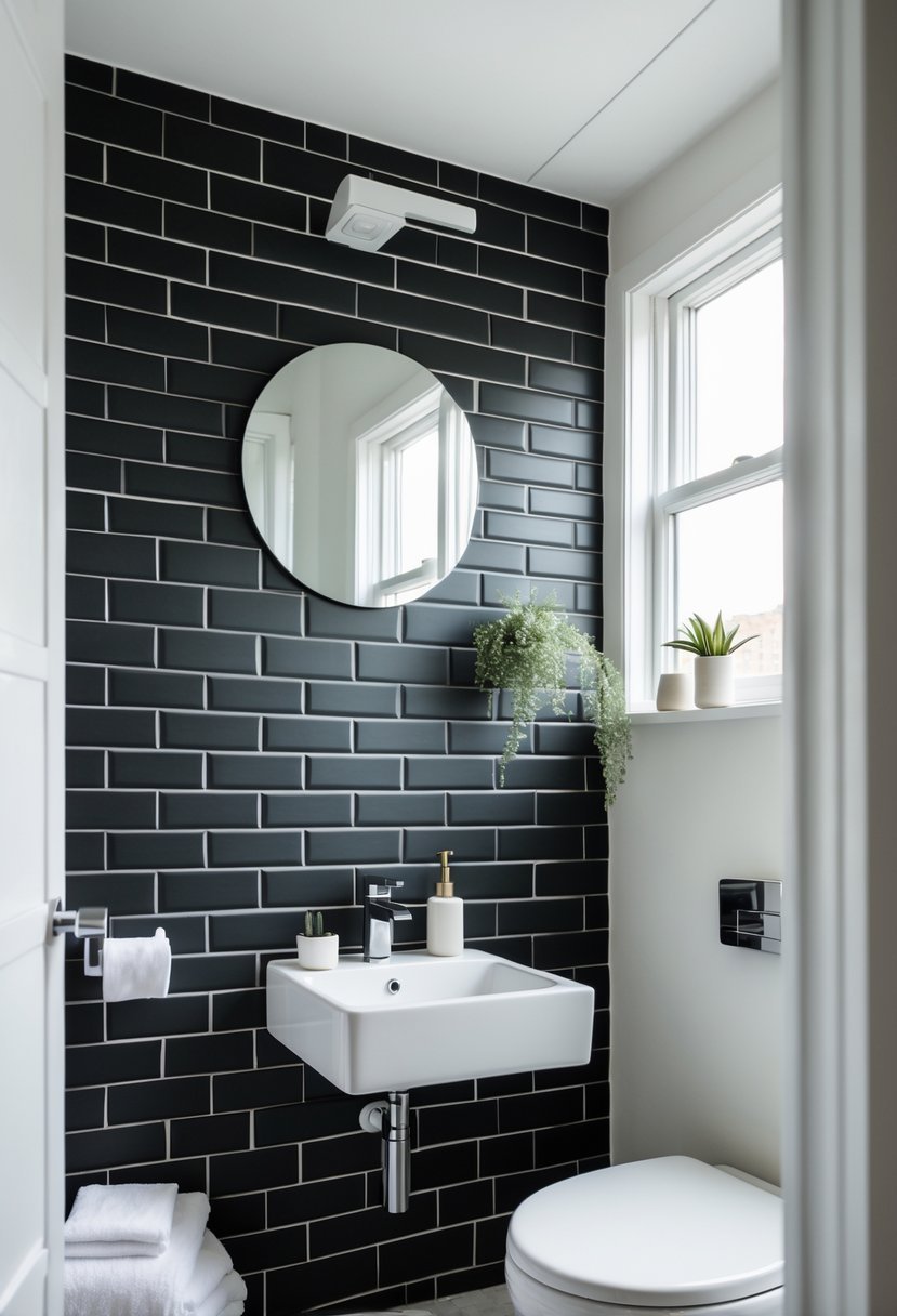 Small bathroom with a matte black subway tile accent wall, white sink, mirror, and a small plant.