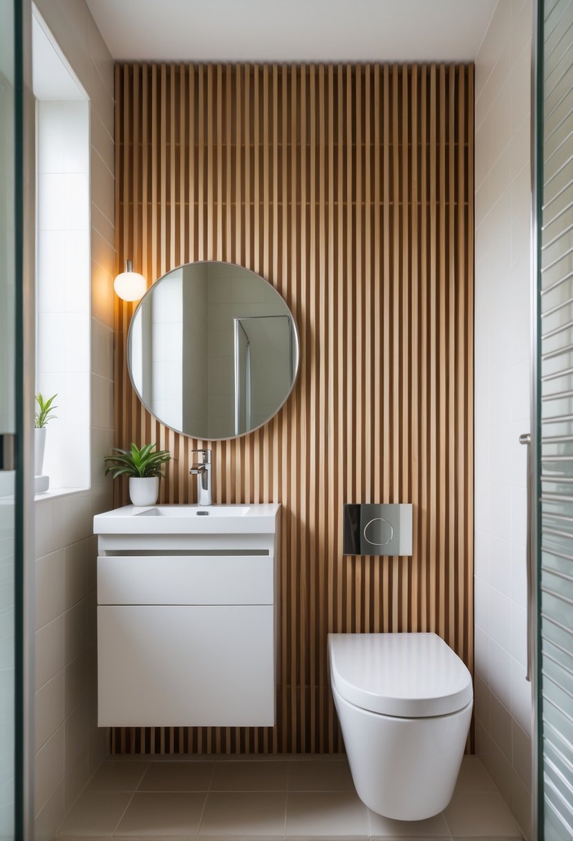 Small bathroom with a vertical wood slat accent wall behind a white vanity and round mirror.