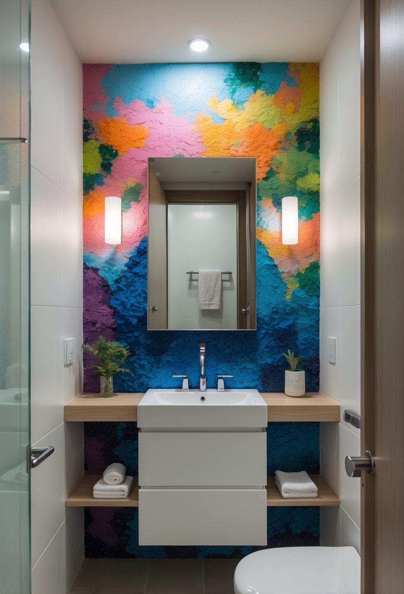 Small bathroom with a hand-painted mural accent wall behind a modern vanity and sink.