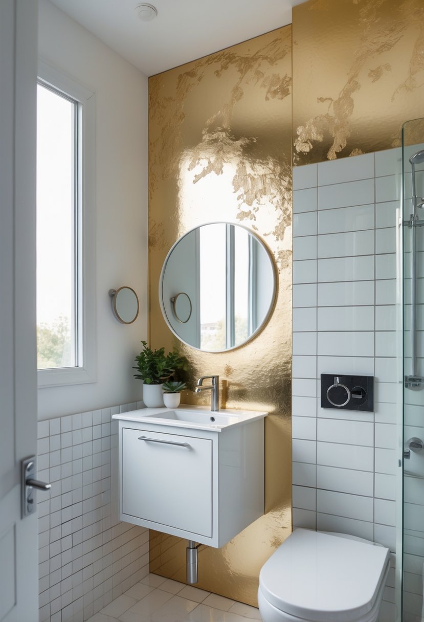 Small bathroom with a gold leaf accent wall, white vanity, round mirror, and a small potted plant.
