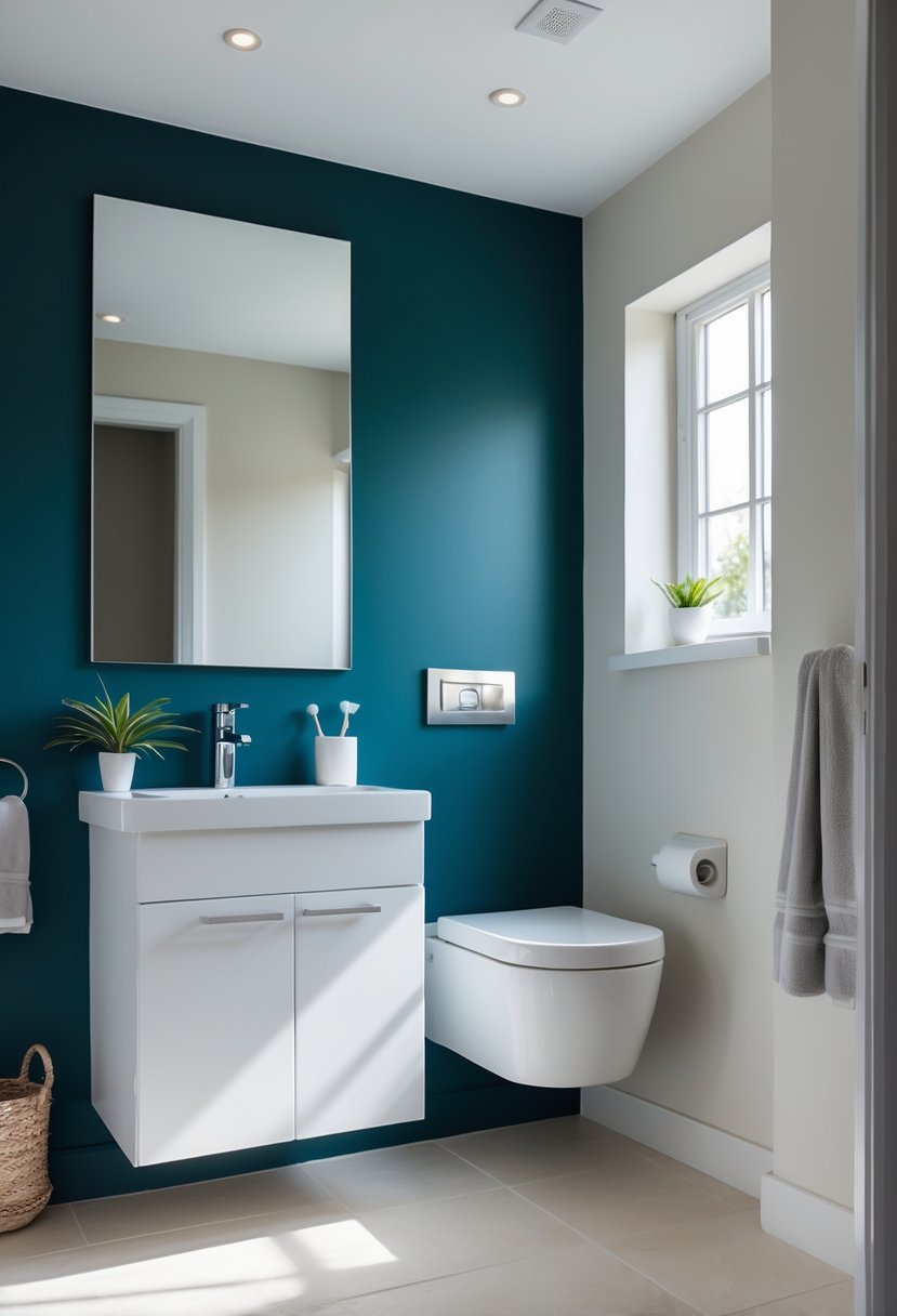 Small bathroom with a bold colored accent wall, white vanity, mirror, and natural light coming through a window.