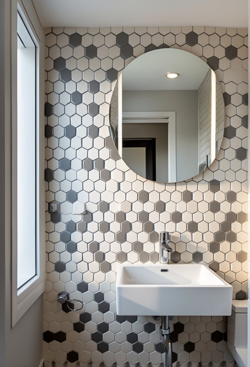 Small bathroom with a hexagonal mosaic tile accent wall, a white sink, and a frameless mirror.