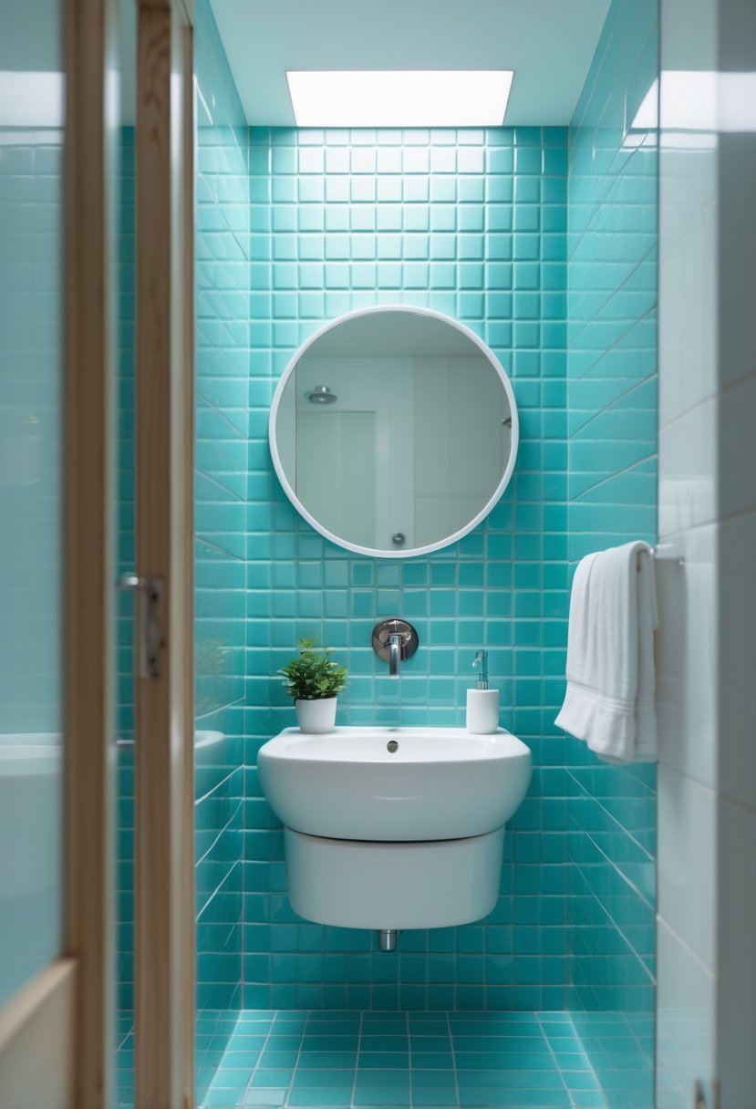 A small bathroom accent wall with glossy ceramic tiles and contrasting grout color, featuring a white sink and modern fixtures.