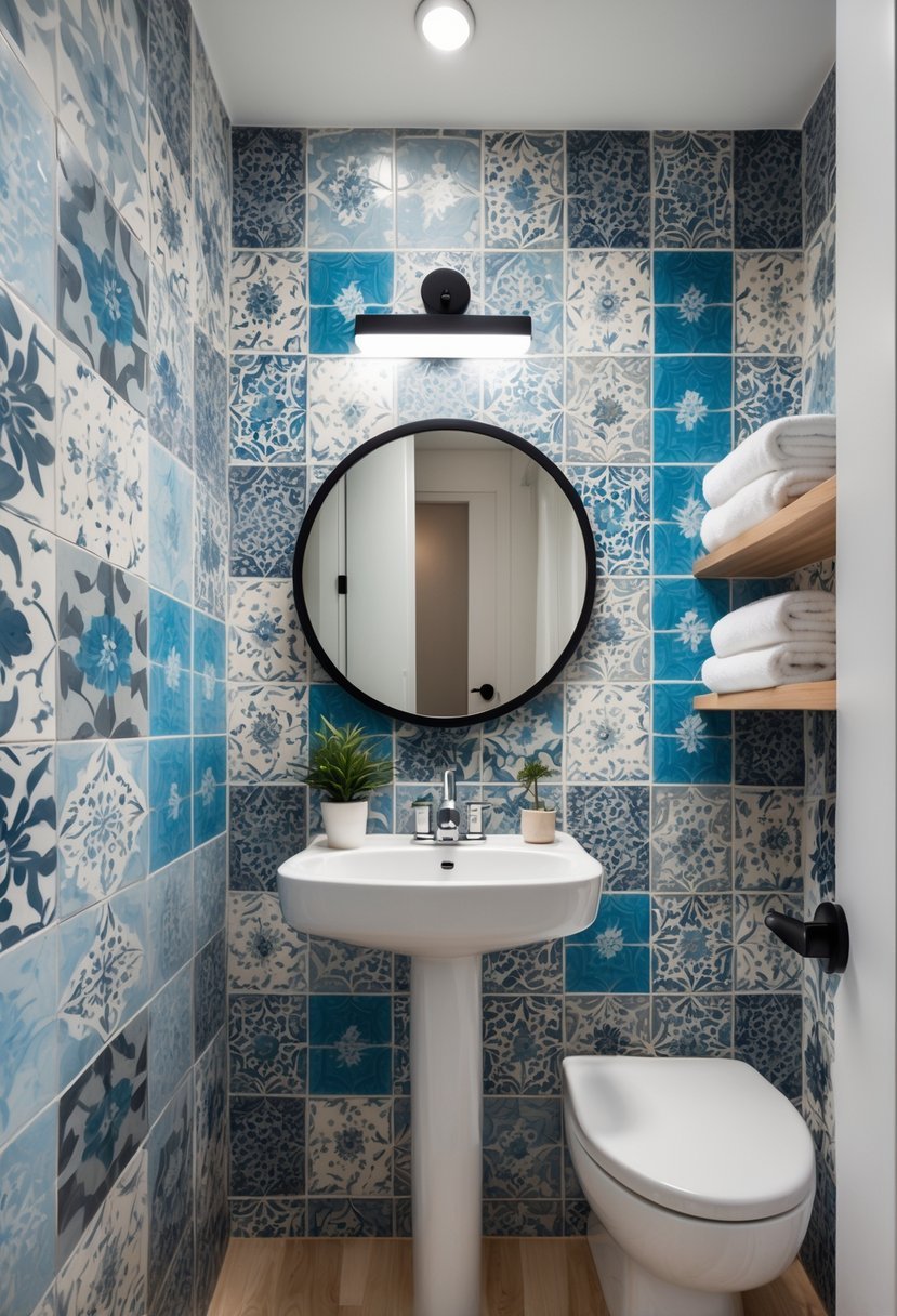 Small bathroom with a decorative tiled accent wall behind a white sink, a round mirror, and a small plant on the sink.