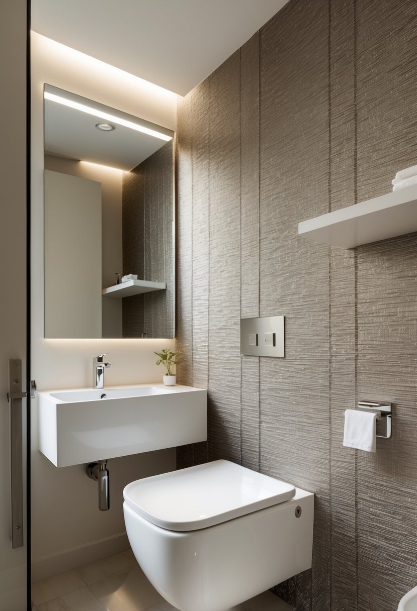 Small bathroom with a textured accent wall featuring metallic threads, a white sink, and a wall-mounted mirror.