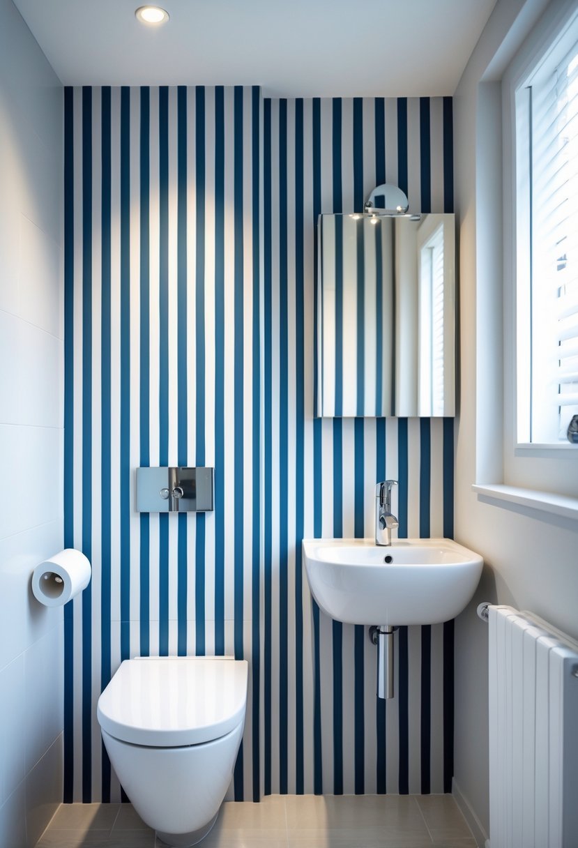 Small bathroom with a vertical striped accent wall, a white sink, mirror, and natural light coming through a window.