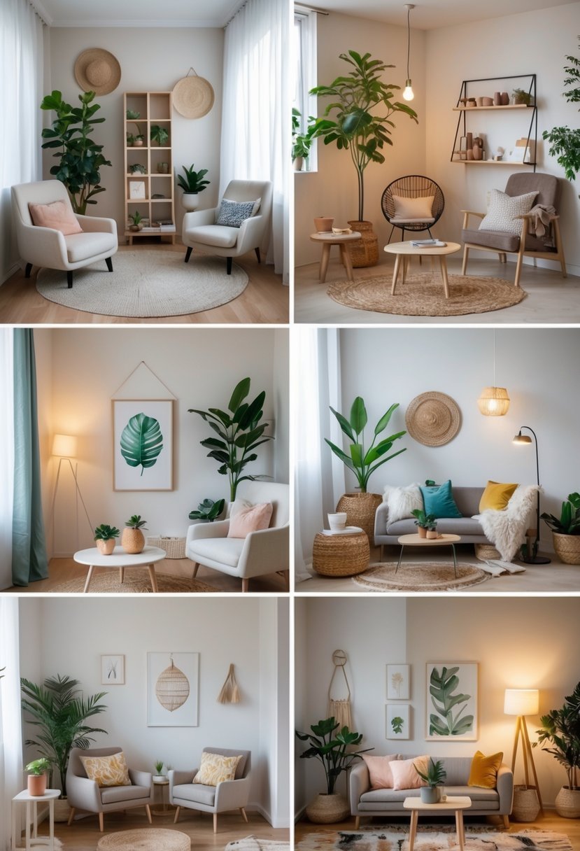 A collage of 15 different living room corners featuring various furniture, plants, and decor items arranged in cozy and stylish setups.