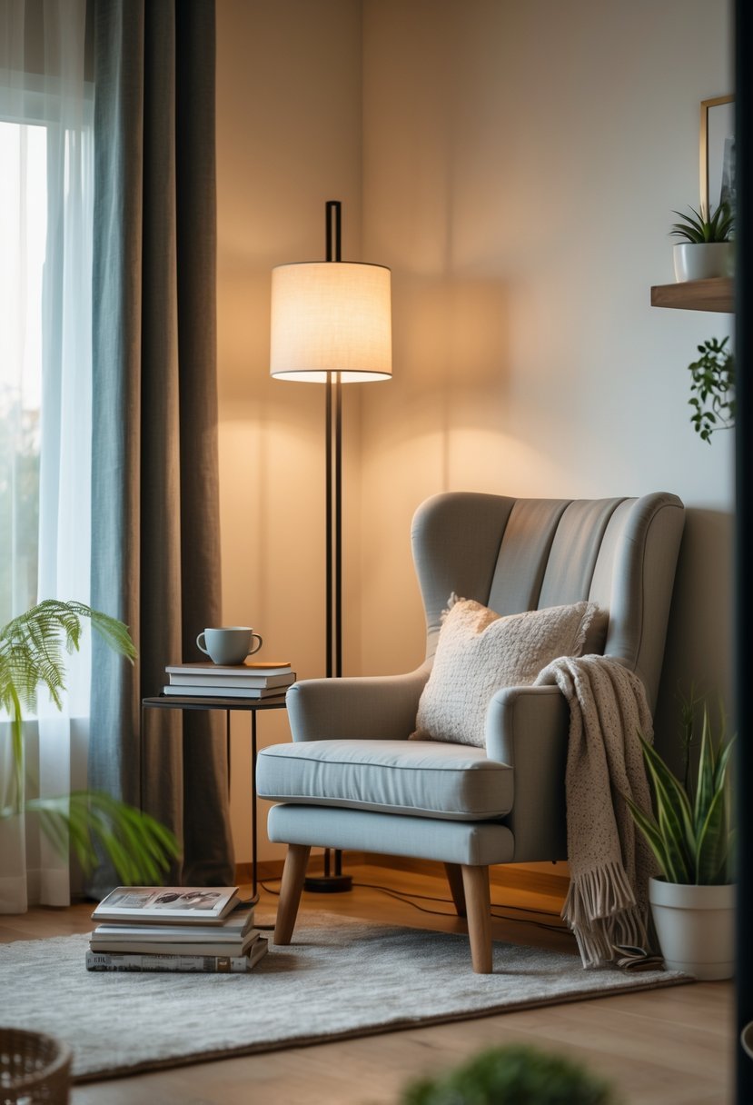 A cozy living room corner with a comfortable armchair and a floor lamp next to it.