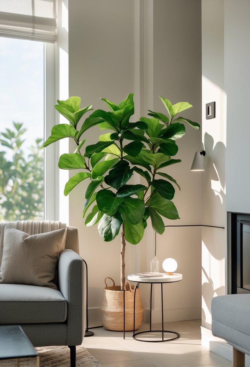 Living room corner with a tall fiddle leaf fig plant next to a comfortable chair and a small side table.