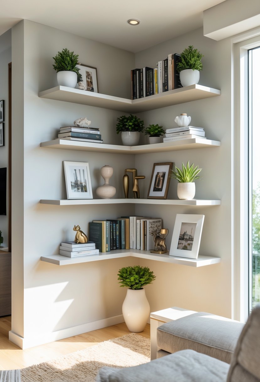 Living room corner with floating shelves displaying books, plants, and decorative items.