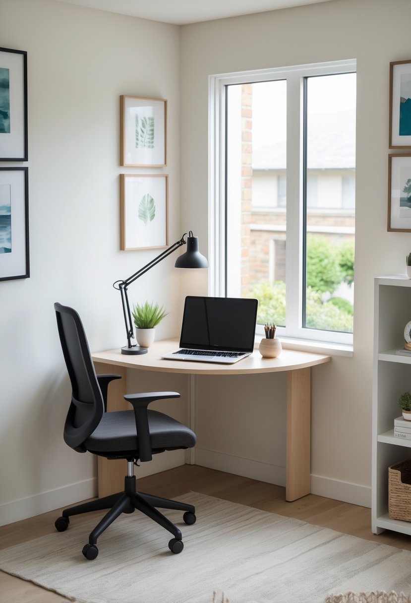A small corner desk set up as a home office space in a living room corner with a laptop, chair, desk lamp, plant, and shelves nearby.