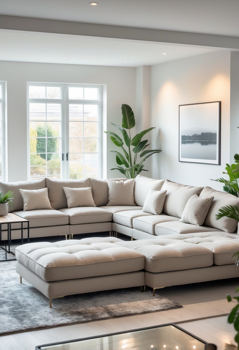 A living room with a corner sectional sofa arranged to maximize seating, featuring a coffee table, rug, plants, and natural light from large windows.