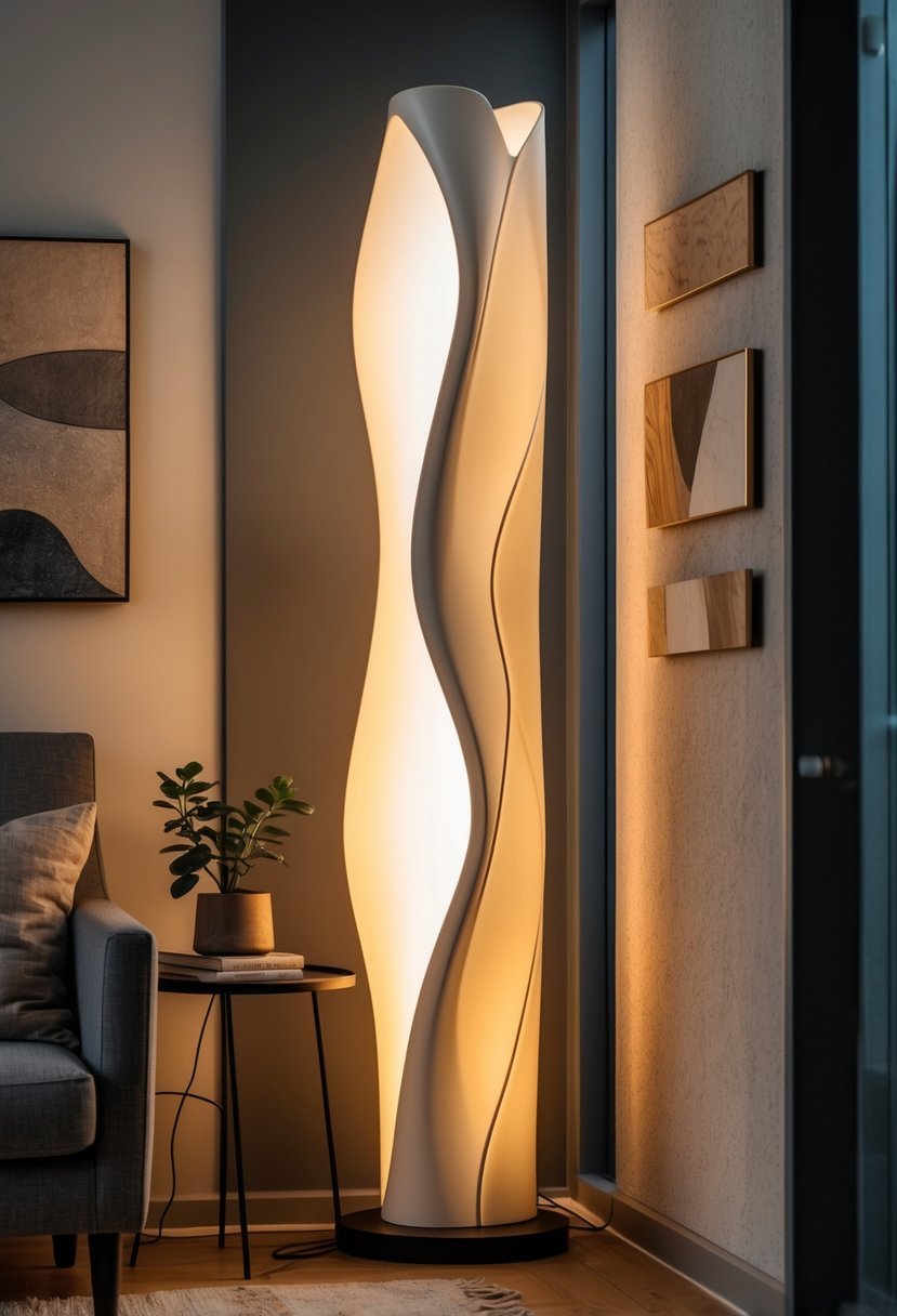 A living room corner with a sculptural floor lamp next to an armchair and a small side table with a plant.
