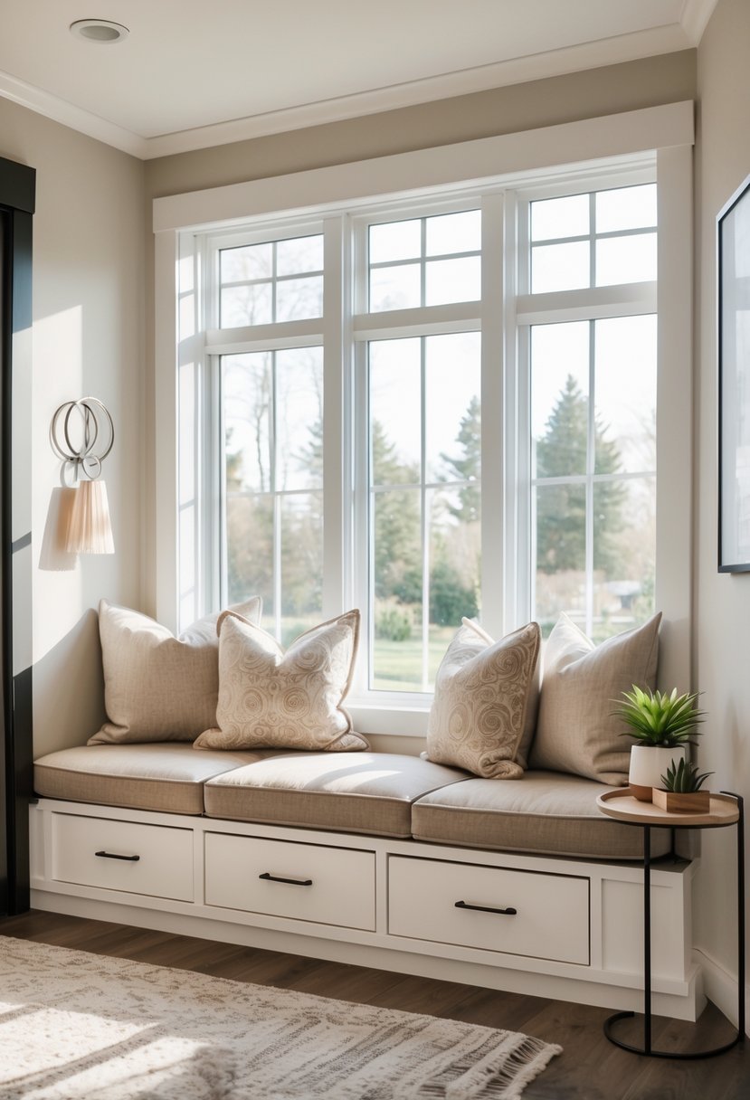 A living room corner with a built-in window seat that has storage drawers underneath, illuminated by natural light from a large window.