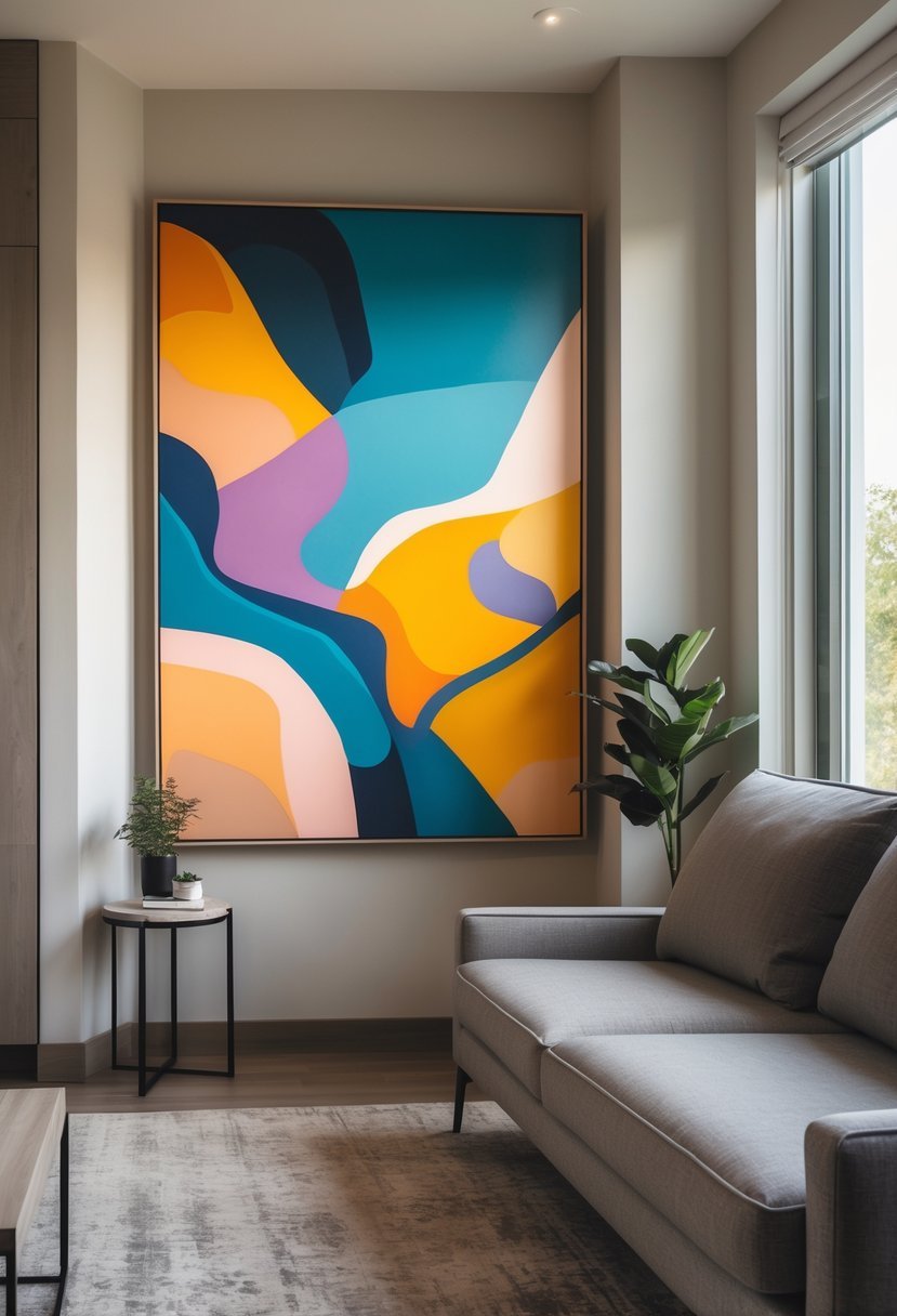 A living room corner with a large abstract painting hung angled between two walls, featuring a sofa, side table with plant, and natural light.