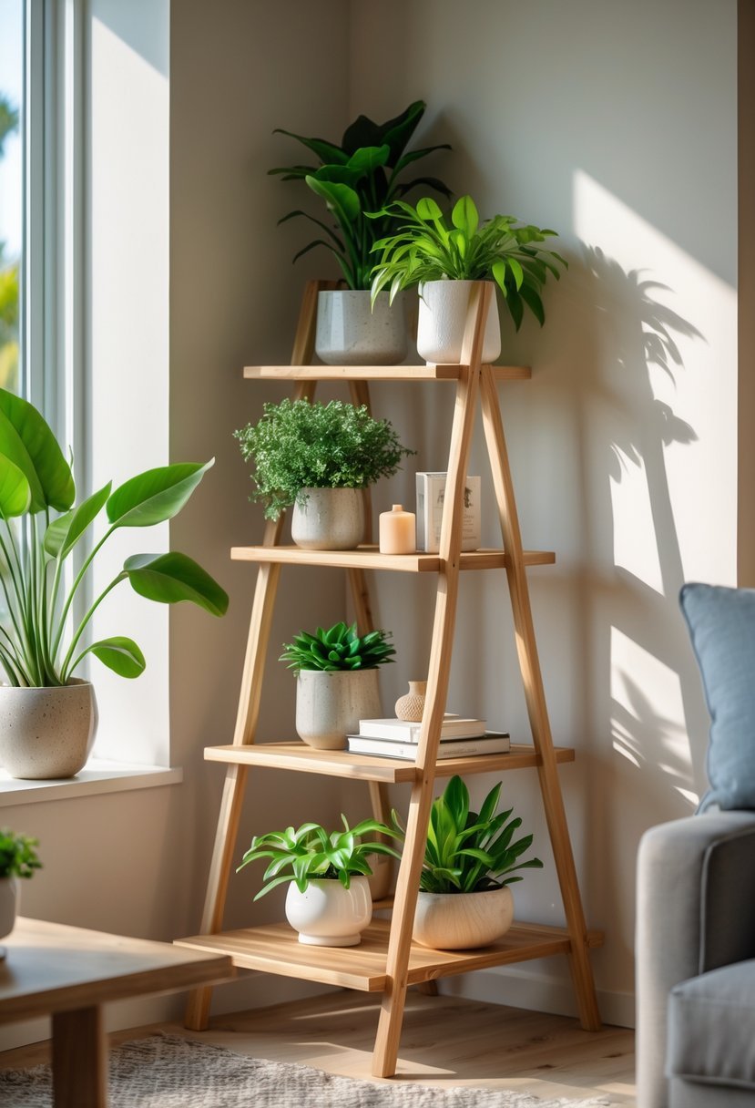 A living room corner with a wooden ladder shelf holding plants and decorative items near a window.