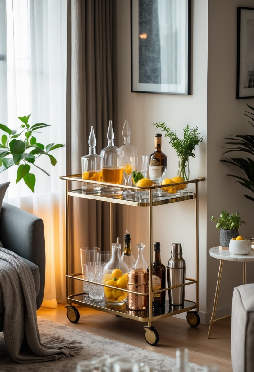 A living room corner with a bar cart stocked with bottles and glassware, next to a cozy armchair and a small side table with a plant.