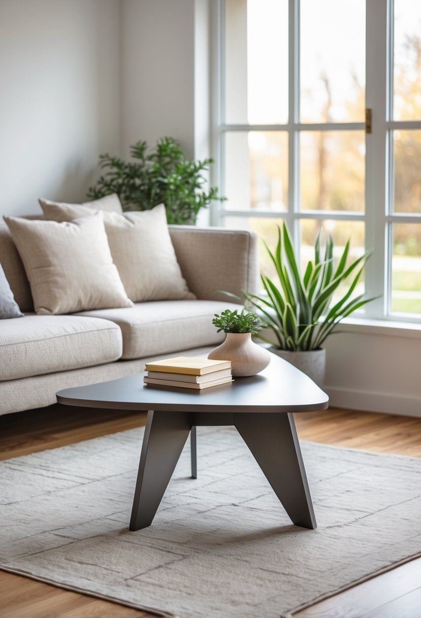 Living room corner with a triangular coffee table, sofa, and decorative items on a rug near large windows.