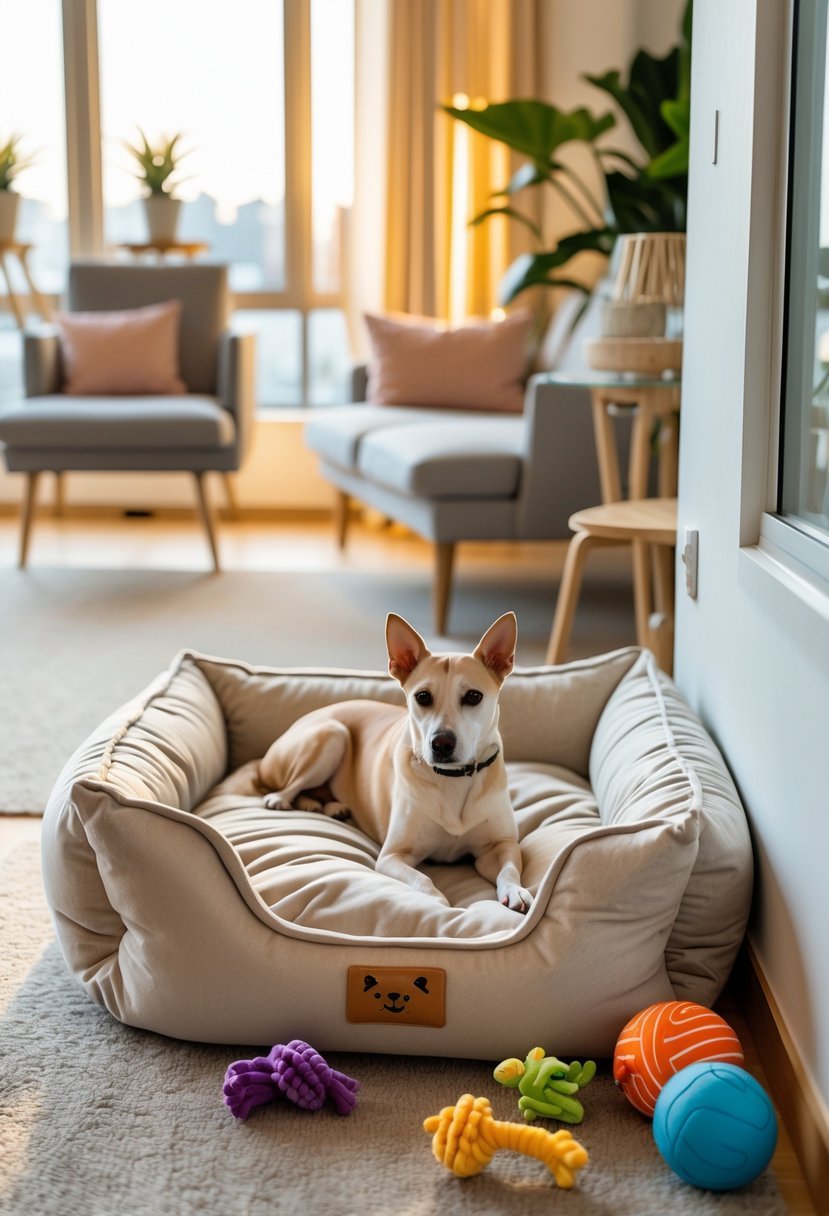 A living room corner with a plush pet bed and several pet toys arranged nearby.