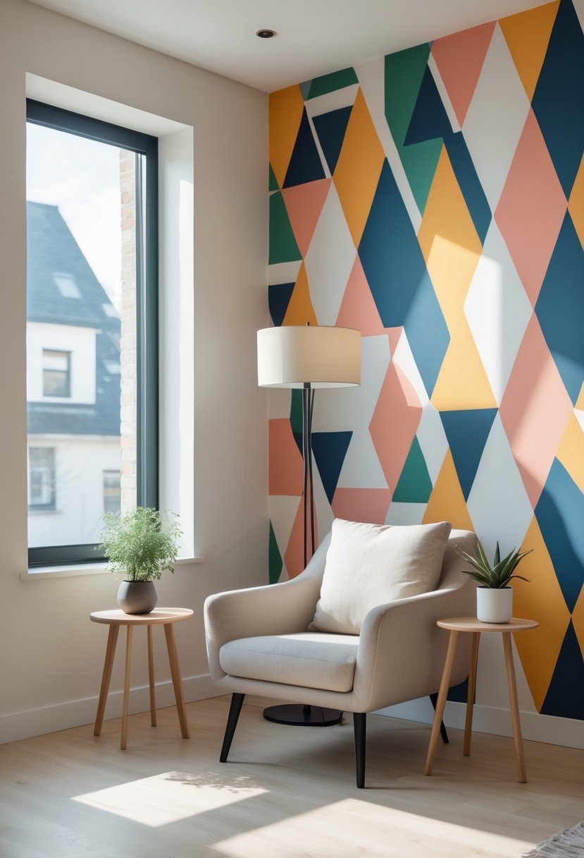 Living room corner with geometric patterned wallpaper, an armchair, side table with plant, and floor lamp.