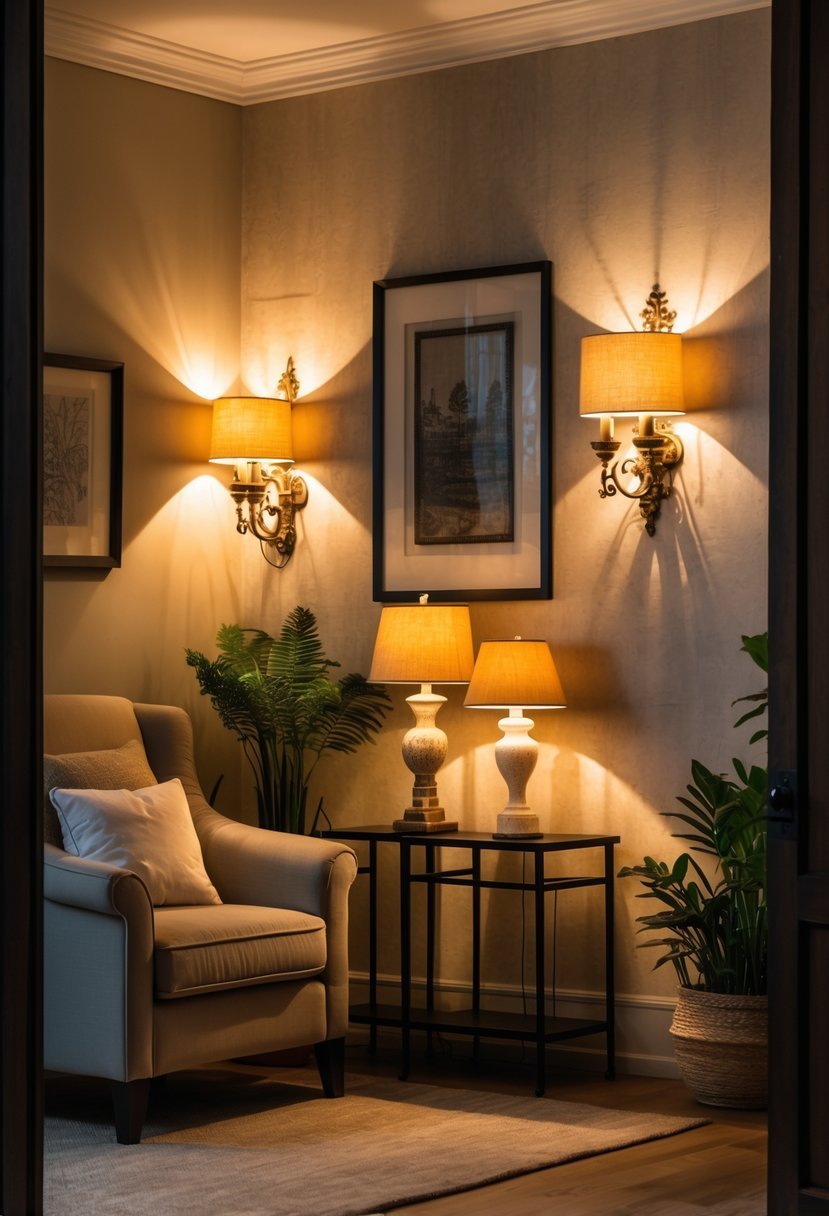 A living room corner with an armchair, side table with a lamp, wall sconces, plants, and warm lighting.