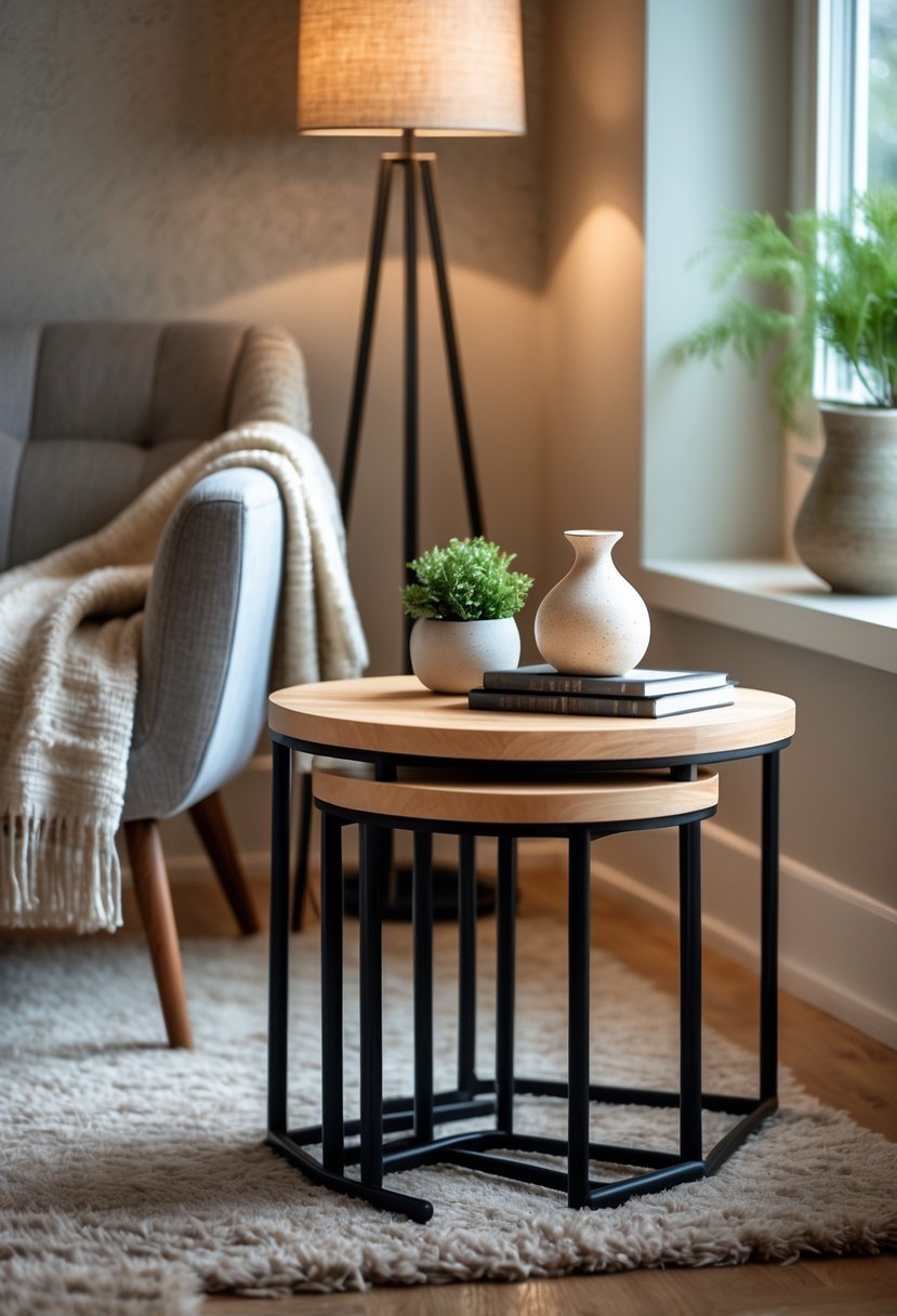 A living room corner with nesting tables, an armchair, a floor lamp, and decorative items.