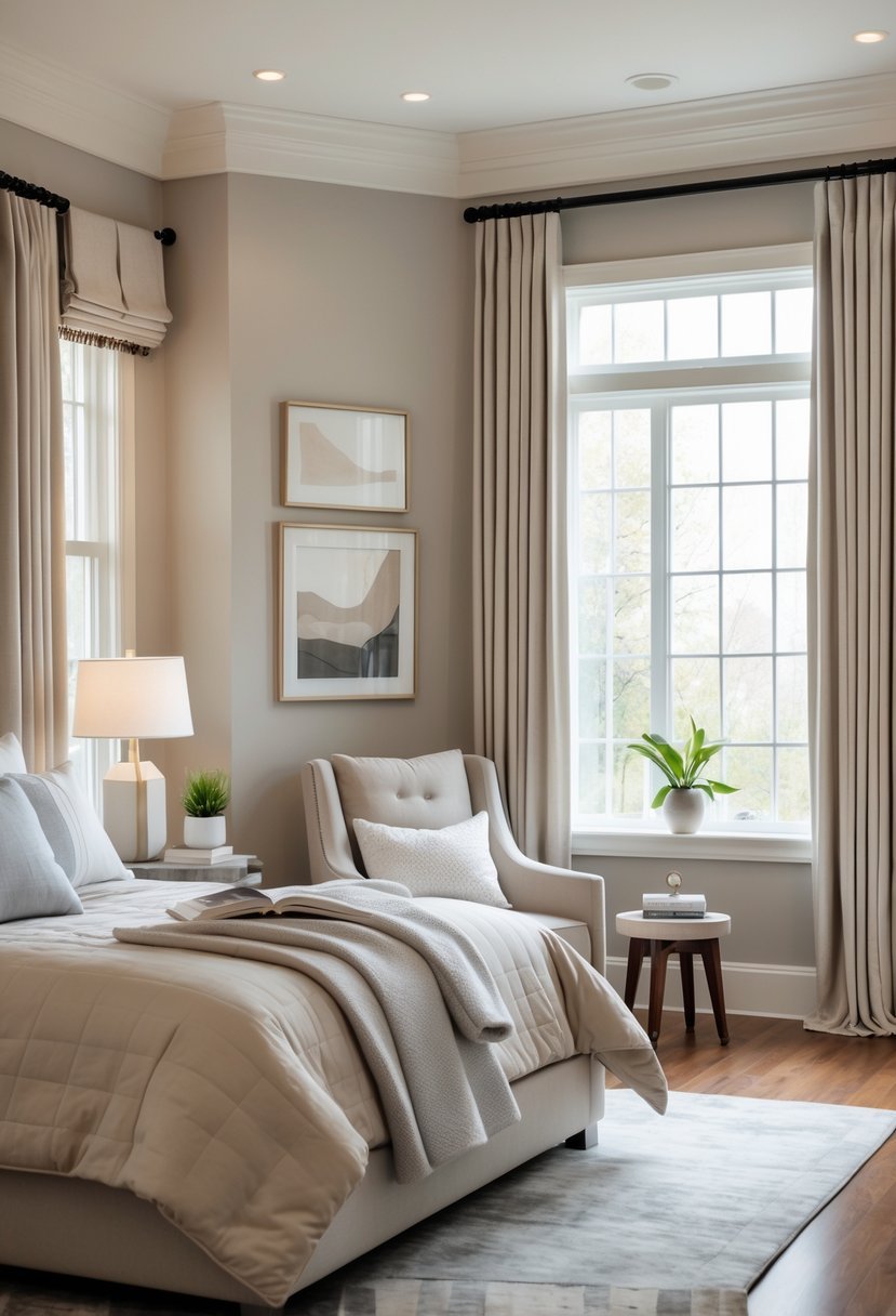 A cozy bedroom corner with a bed, bedside table, lamp, armchair, and natural light coming through windows.