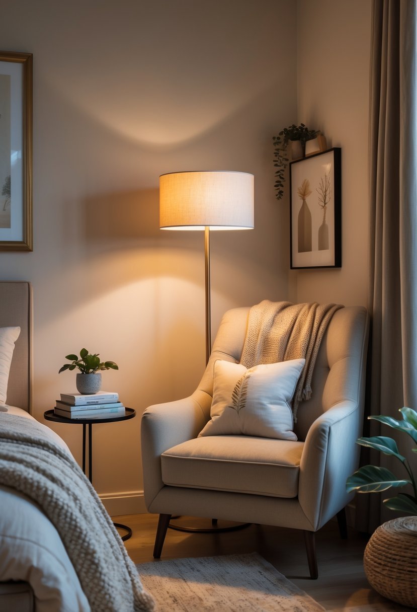 A bedroom corner with a plush armchair next to a floor lamp, a small table with books, and a decorative plant.