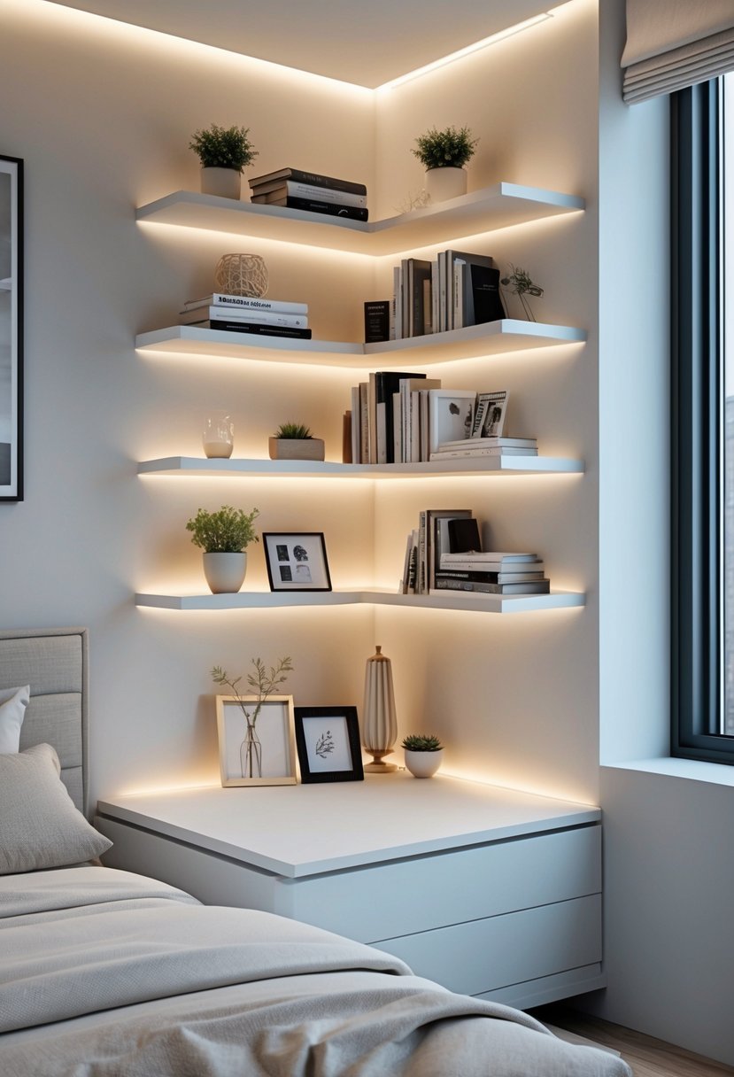 A bedroom corner with floating shelves holding books and decorative items next to a bed.