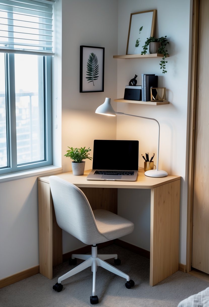 A bedroom corner with a compact desk setup including a laptop, lamp, plant, and chair near a window.