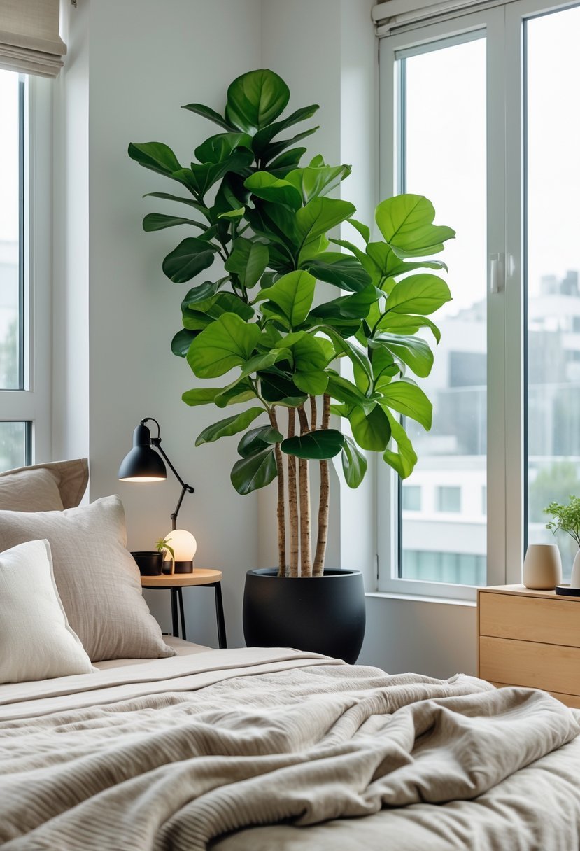 A bedroom corner with a bed next to a large window and a tall green indoor plant in a pot beside the bed.