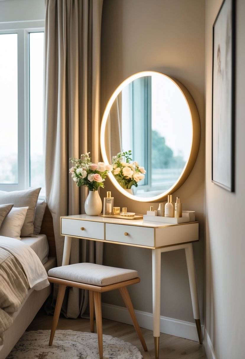A bedroom corner with a vanity table featuring a round mirror, decorated with flowers and beauty items, next to a bed.