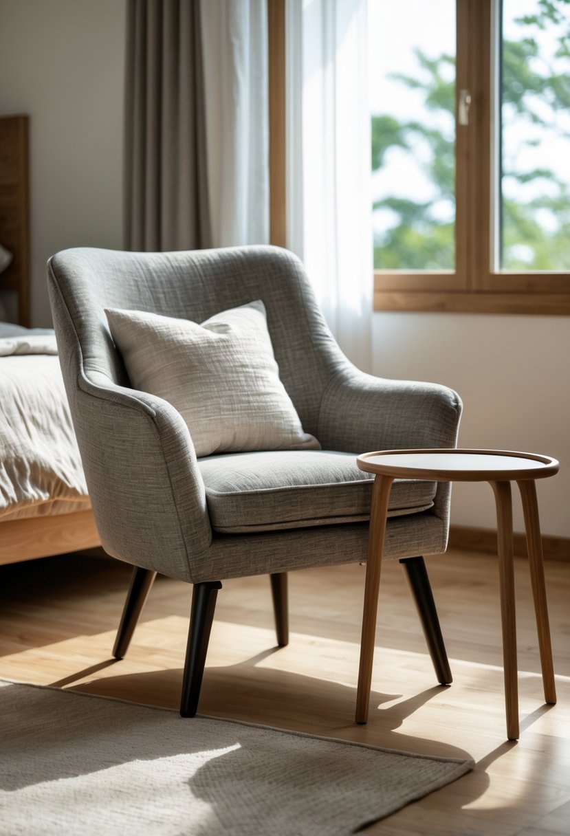 A bedroom corner with an accent chair next to a small side table and a bed in the background.