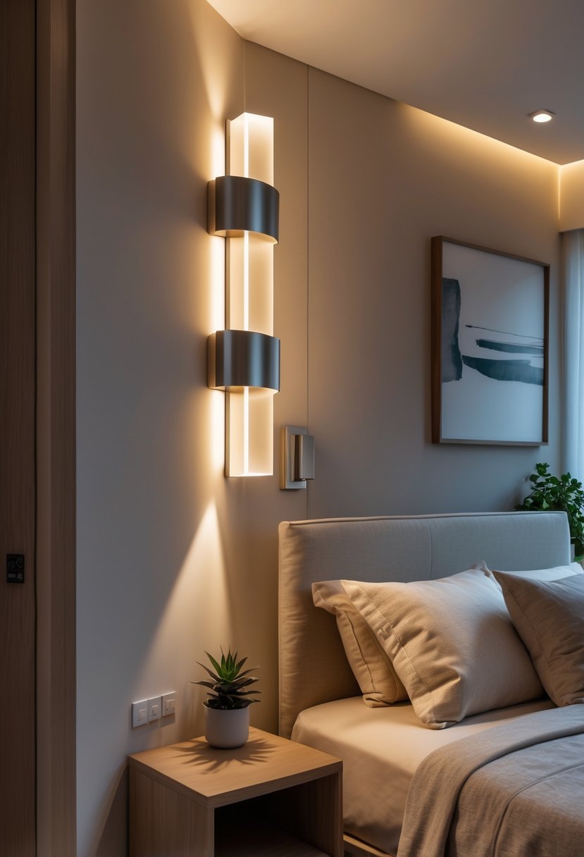 Bedroom corner with wall-mounted lights casting warm ambient light over a cozy bed and nightstand.