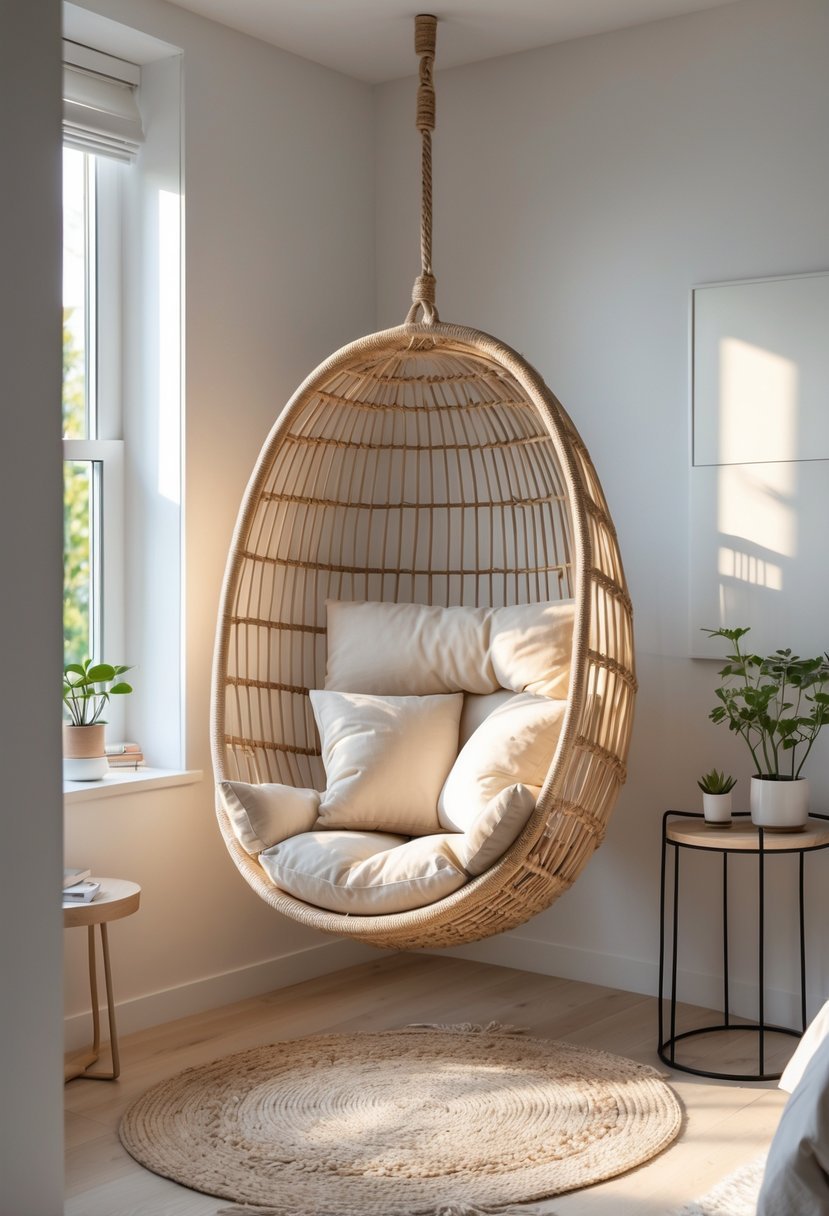 A cozy bedroom corner with a hanging chair suspended from the ceiling, surrounded by soft cushions and natural light.
