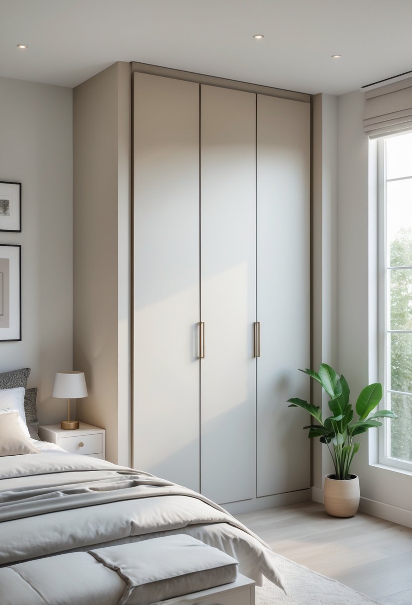 A bedroom with a built-in corner wardrobe for extra storage, a bed, bedside table, and natural light coming through windows.