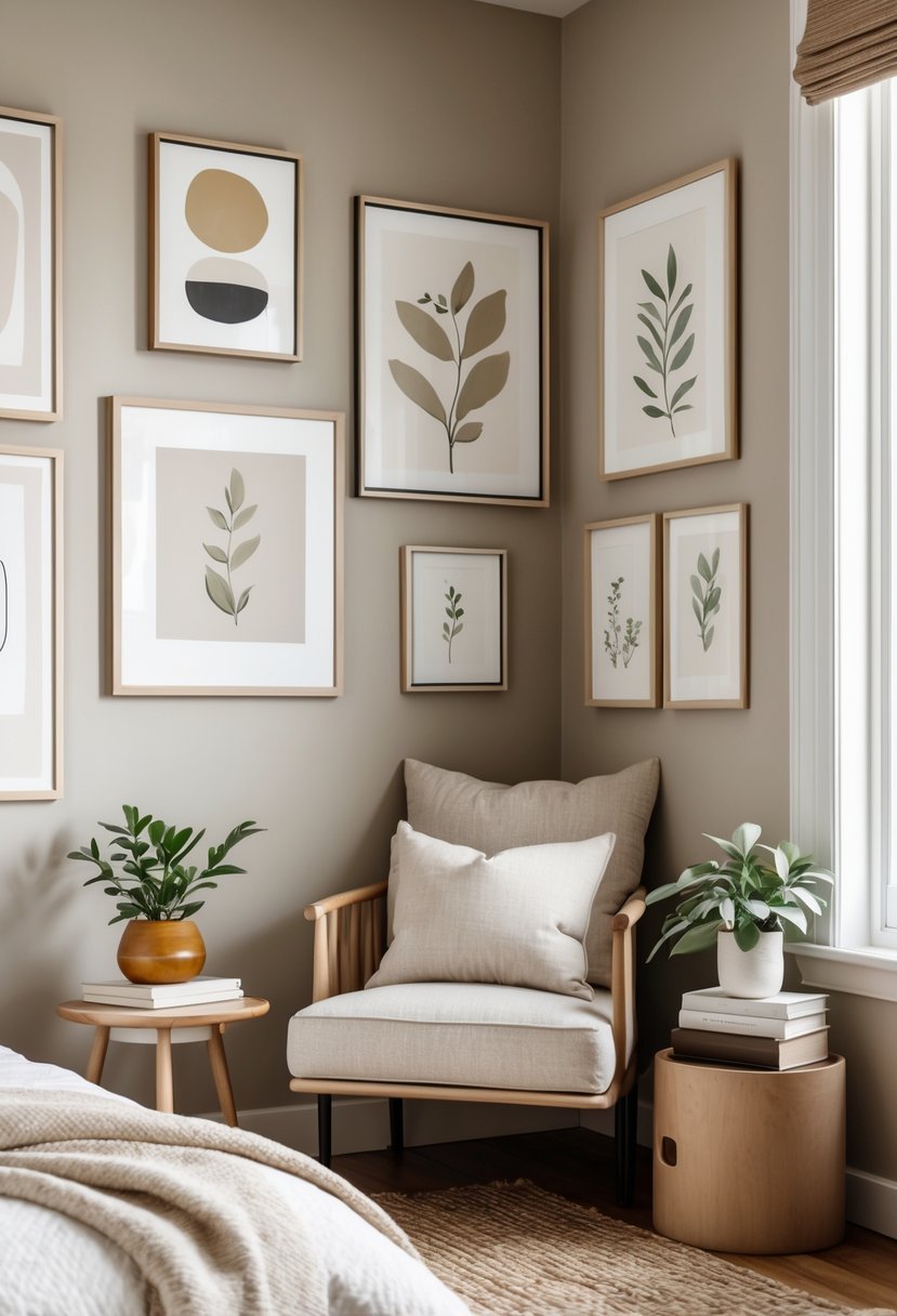 A bedroom corner with a gallery wall of framed art above a cushioned armchair and side table with a plant and books.