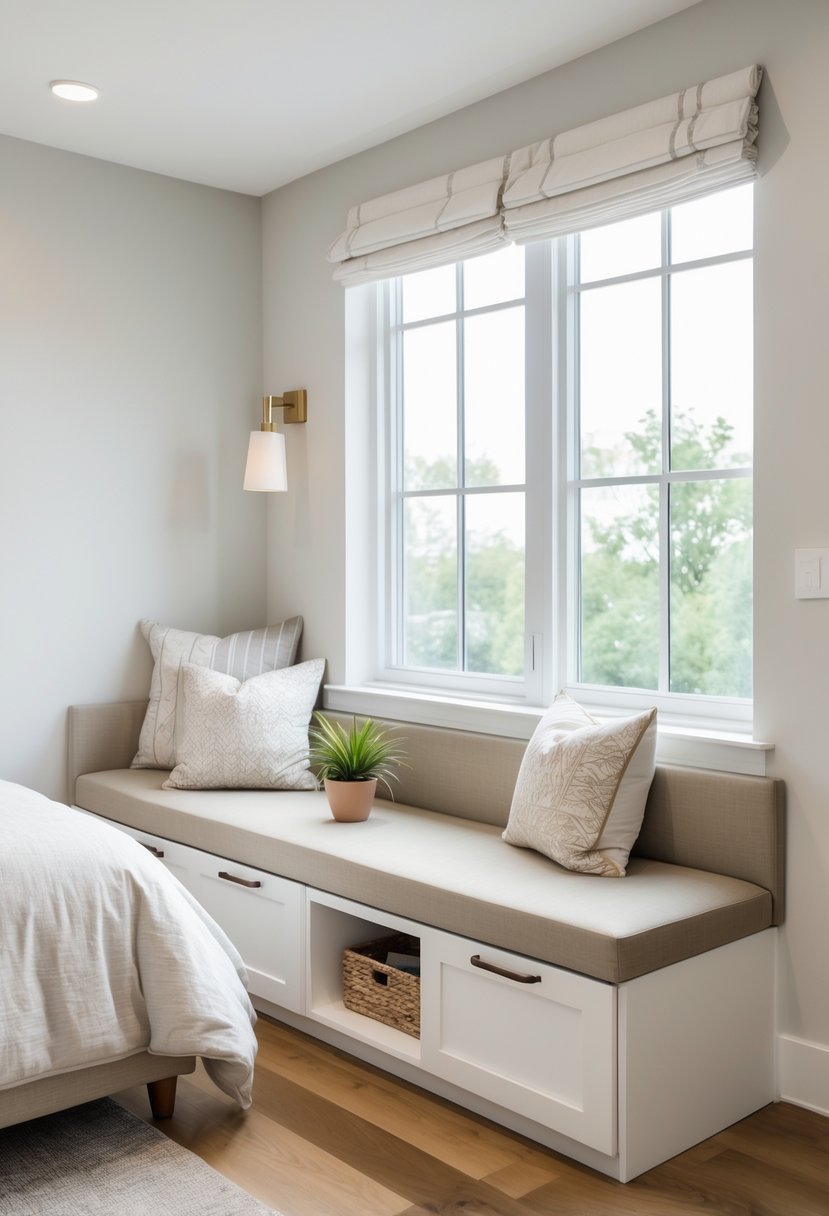 A bedroom corner with a multifunctional bench featuring built-in storage beneath a window, next to a neatly made bed.