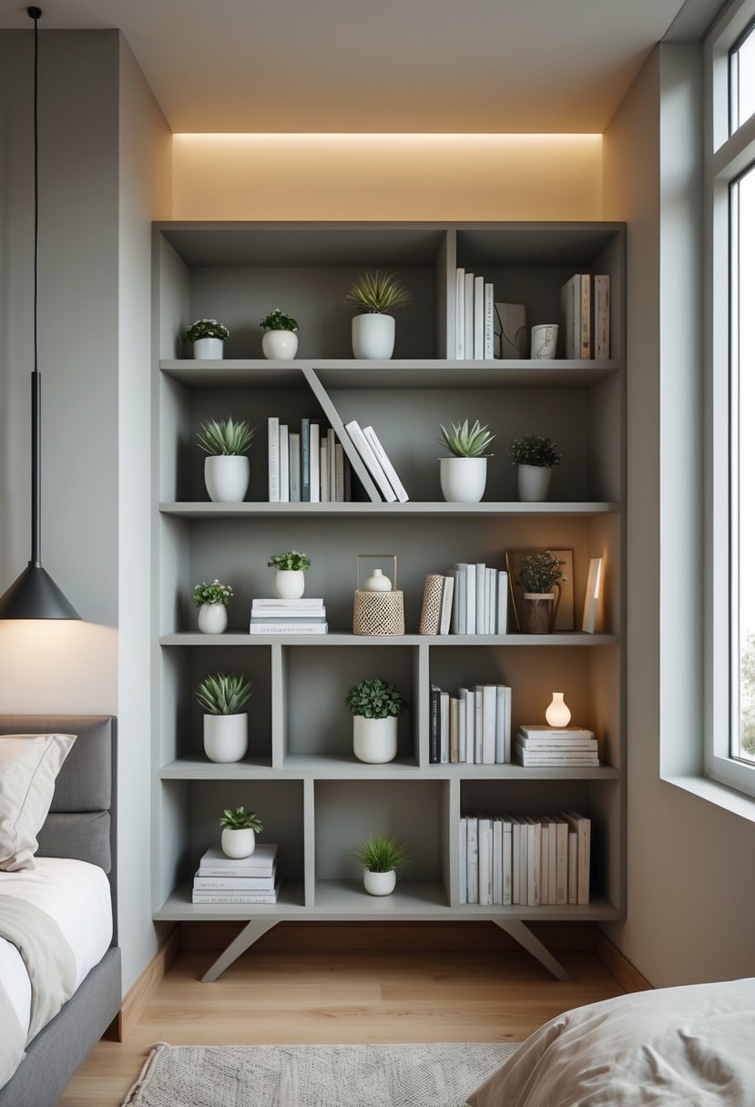 A bedroom corner with a geometric bookshelf filled with books and plants, next to a bed and bedside table.