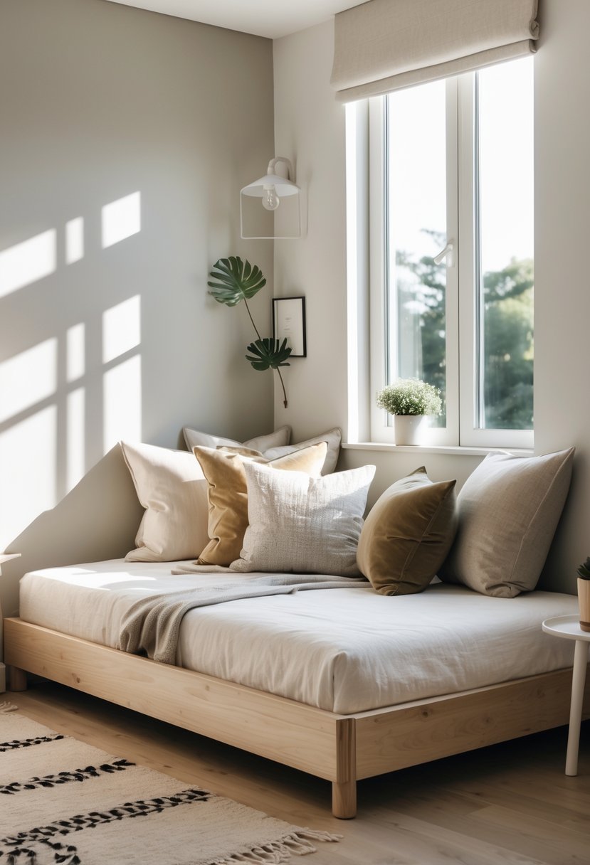 A bedroom corner with a compact daybed covered in cushions and soft natural light.