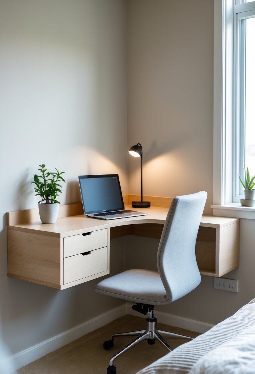 Bedroom corner with a floating desk mounted on the wall, drawers underneath, a chair, and part of a bed nearby.