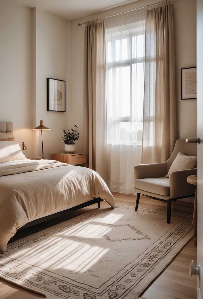 A bedroom corner with a bed, a patterned rug, a nightstand with a lamp, and an armchair near a window with natural light.
